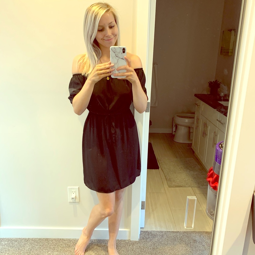 Everly Off Shoulder Tie Front Black Mini Dress